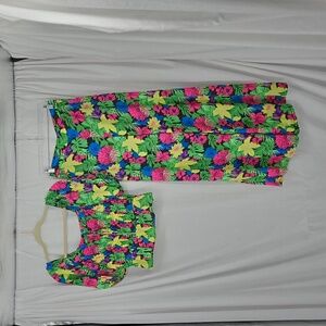 Skies Are Blue Tropical 2 Piece Palazzo Pants with Smocked Bodice Peplum Medium